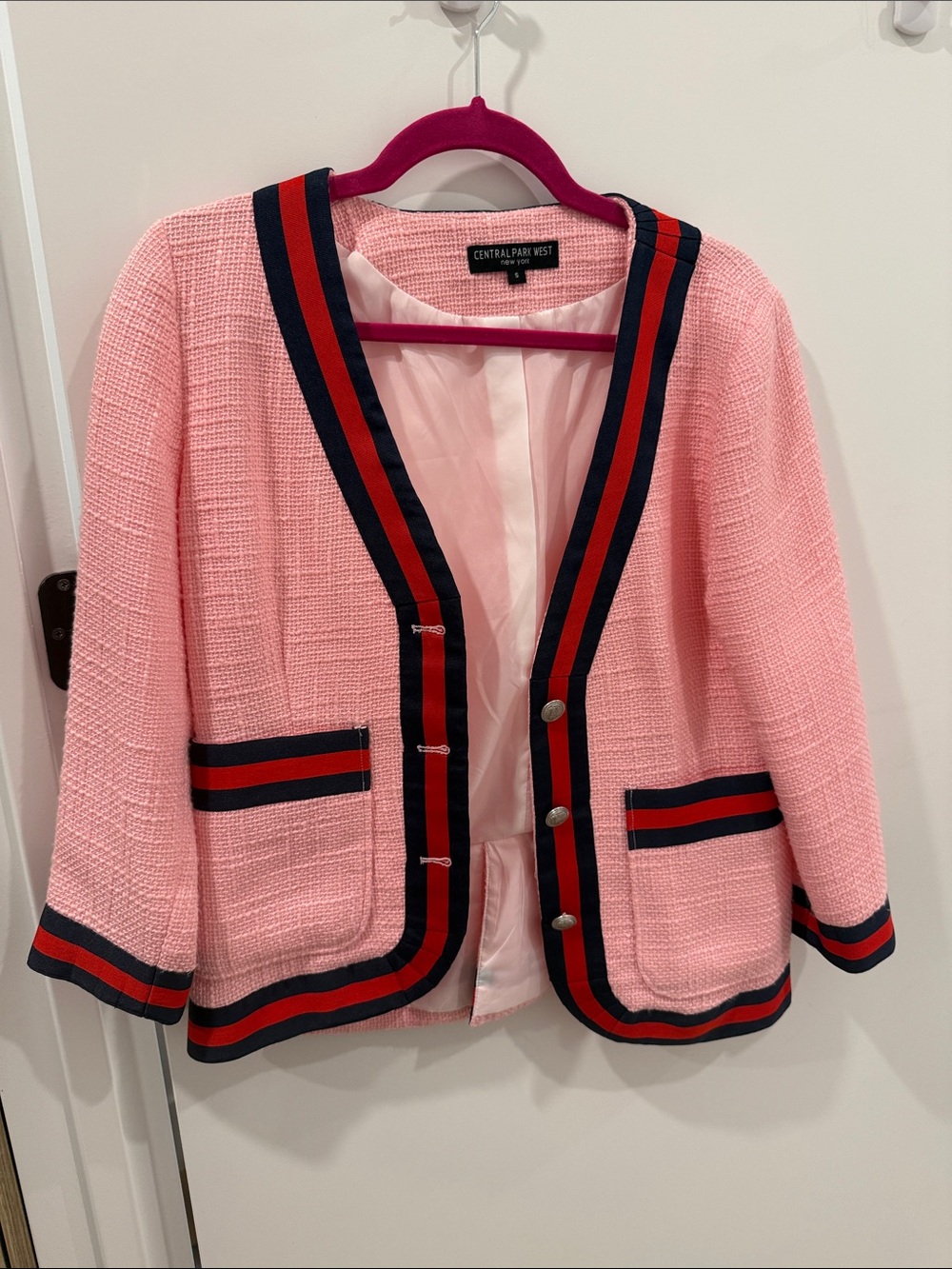 Central Park West Pink Tweed Jacket with Navy & Red Trim